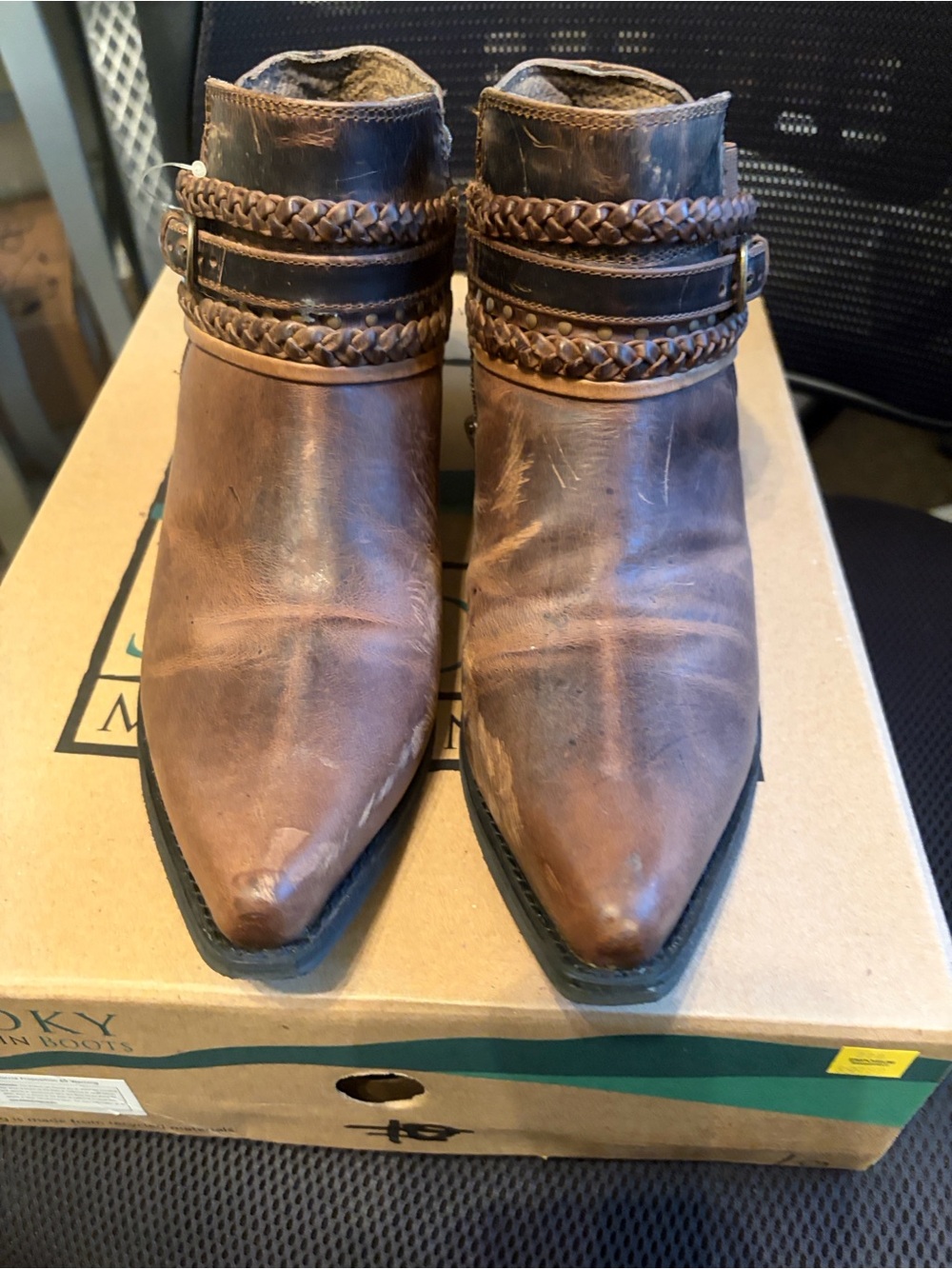 Women's Brown Leather Pointed Ankle Booties with Braided Strap Detail
